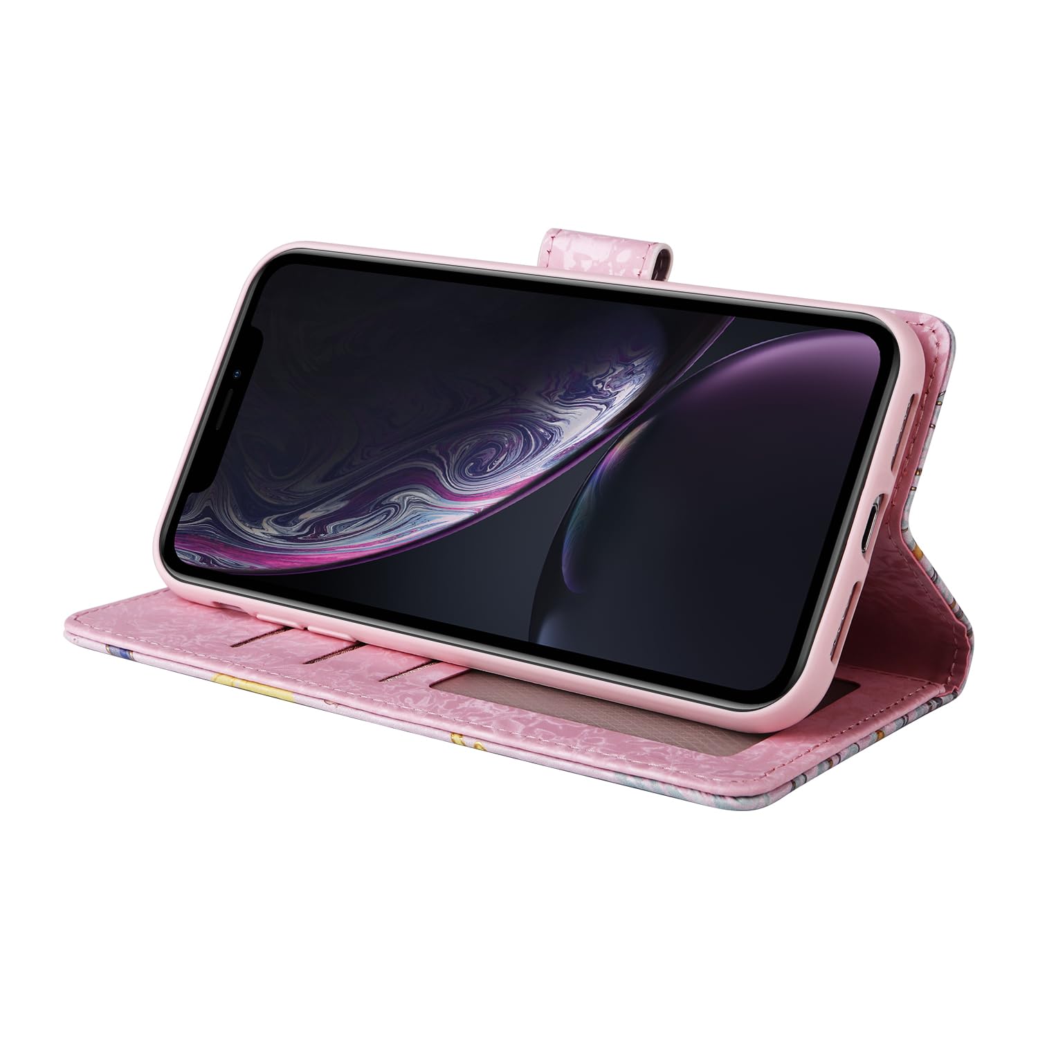 UEEBAI Wallet Case For IPhone 13 Pro 6.1 Inch, PU Leather Phone Case Kickstand RFID Blocking Flip Case With Card Slots Wrist Strap Relief Engraved Pattern Magnetic Closure Folio Case