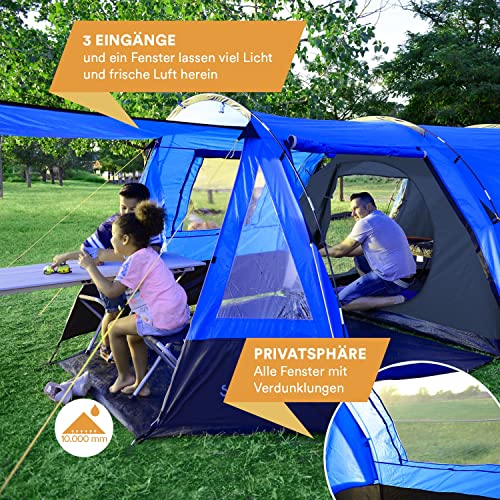 Skandika Kambo Tunnel Family Tent with 3 Entrances, Sun Canopy, 3000 mm Water Column, 4-Person (Blue)