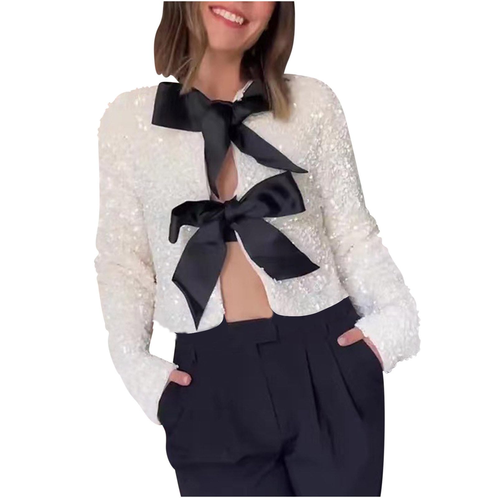 Akklian Women Cute Bow Tie-Front Sequin Jacket Long Sleeve Sparkly Cropped Tops Trendy Velvet Blazers for Party Concert