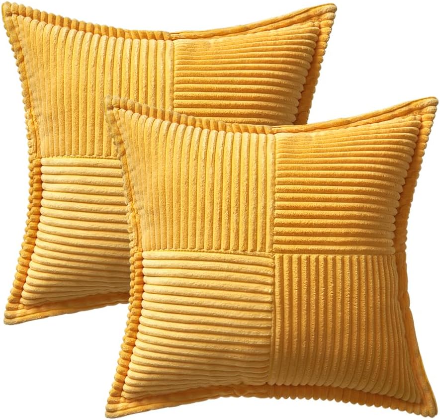 MIULEE Golden Yellow Corduroy Pillow Covers 18x18 Inch with Splicing Set of 2 Soft Boho Striped Pillow Covers Broadside Decorative Textured Summer Pillowcases for Couch Cushion Bed Livingroom - Image 6