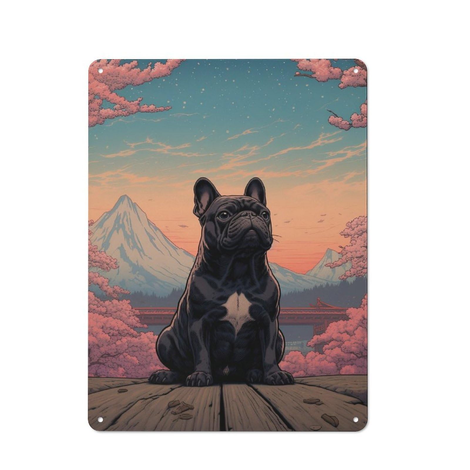 Junmoney French Bulldog Mount Fuji Vintage Metal Plaque 40X30cm For Man Cave Or Games Room, For An Autumn Update To Man Cave And Games Room