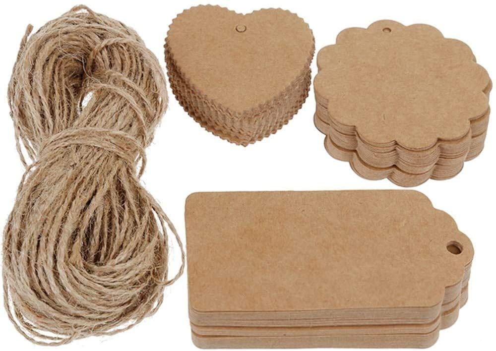 CVANU 120pcs Premium Gift Label, Double-Sided Available Kraft Paper Price Labels with 120 Root Natural Jute Twine, Craft Labels Treats for Wedding Christmas Day Thanksgiving (Brown)