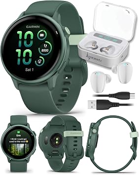 Garmin Vivoactive 6 - Health & Fitness Smartwatch, 1.2 in Bright AMOLED, GPS Sports Tracking, Up to 11 Days of Battery, Metallic Jasper Green & Jasper Green Band w White Earbuds Bundle