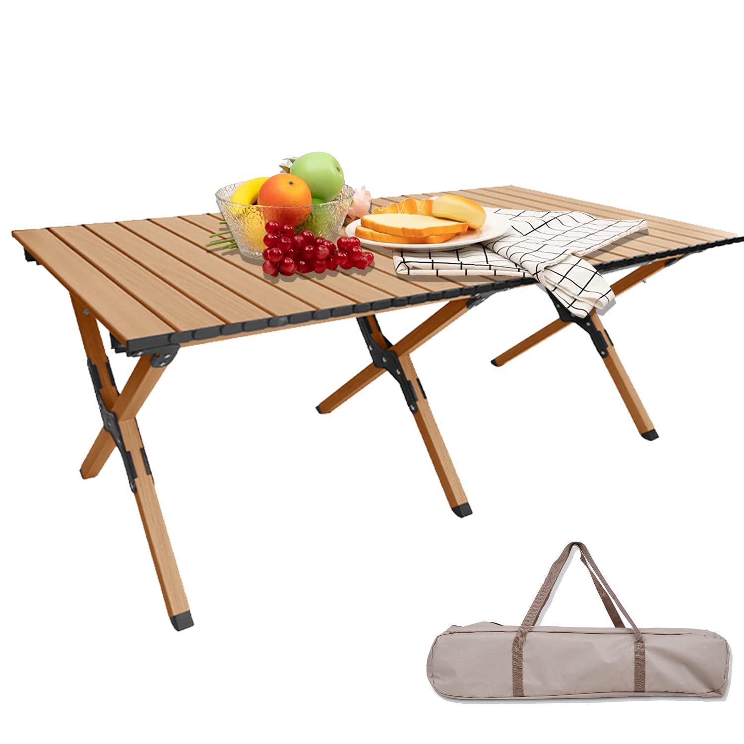 VUCATINFolding Camping Table, Portable Picnic Table with Carry Bag, 4-6 Person Lightweight Aluminum Roll-up Table for Camping Outdoor Picnic BBQ Backyard Party Beach (Beech pattern color)