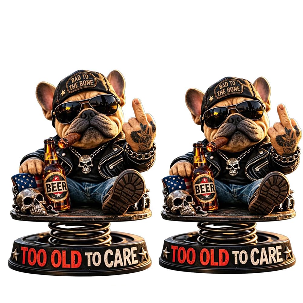 2Pcs Too Old To Care Bulldog Bobblehead, Resin Nodding Dog Ornament,Stable Car Dashboard Decor for Dog Lovers,Beer Day Accessories,Gift for Bikers Dog-Lovers