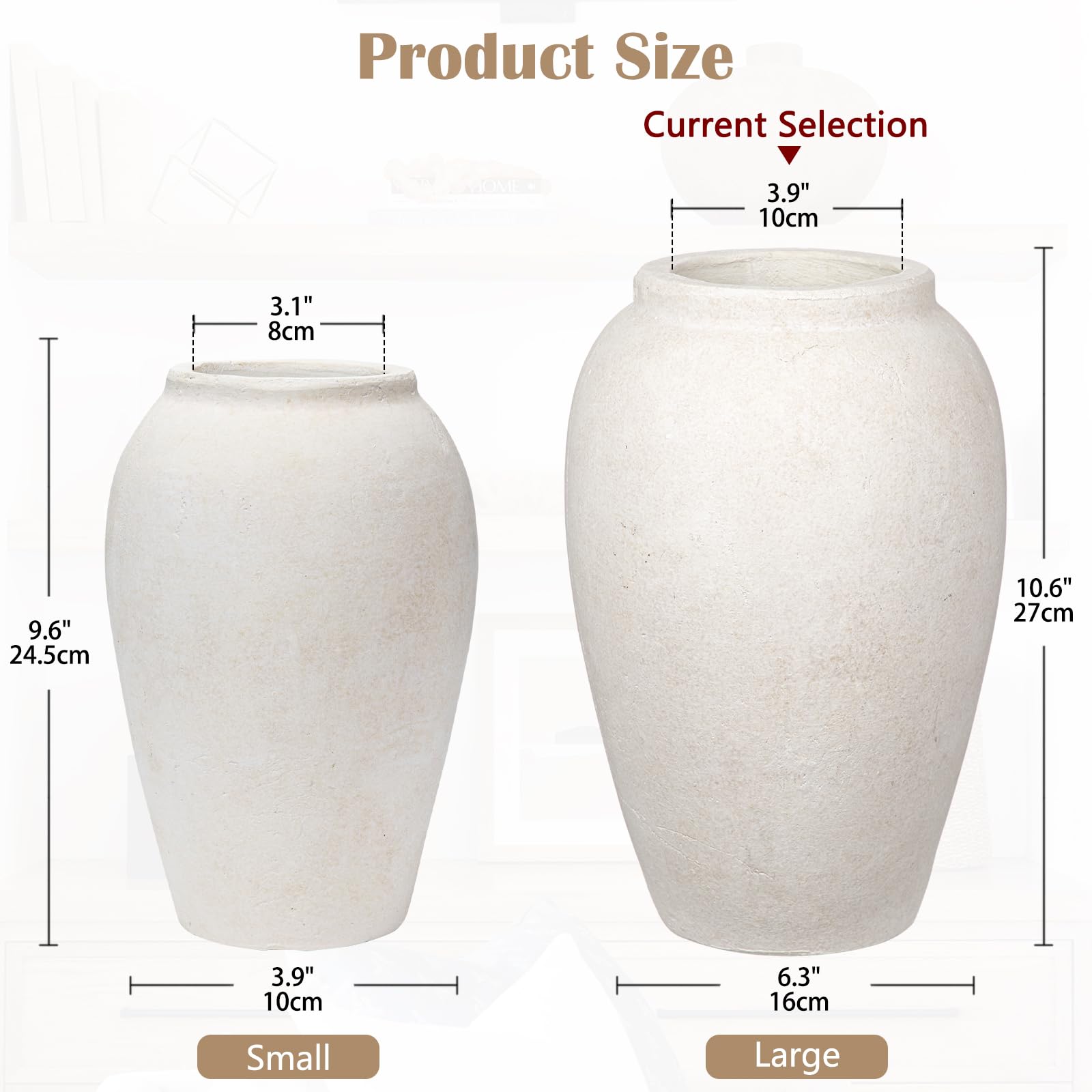 Hohe 27cm Keramikvase Handgemachte Vintage Vasen Terrakotta-Vase Tischvase aus Keramik für Deko Wohnzimmer Home Office, Vase für Pampasgras, Rustikales Antikes Dekor, Creme