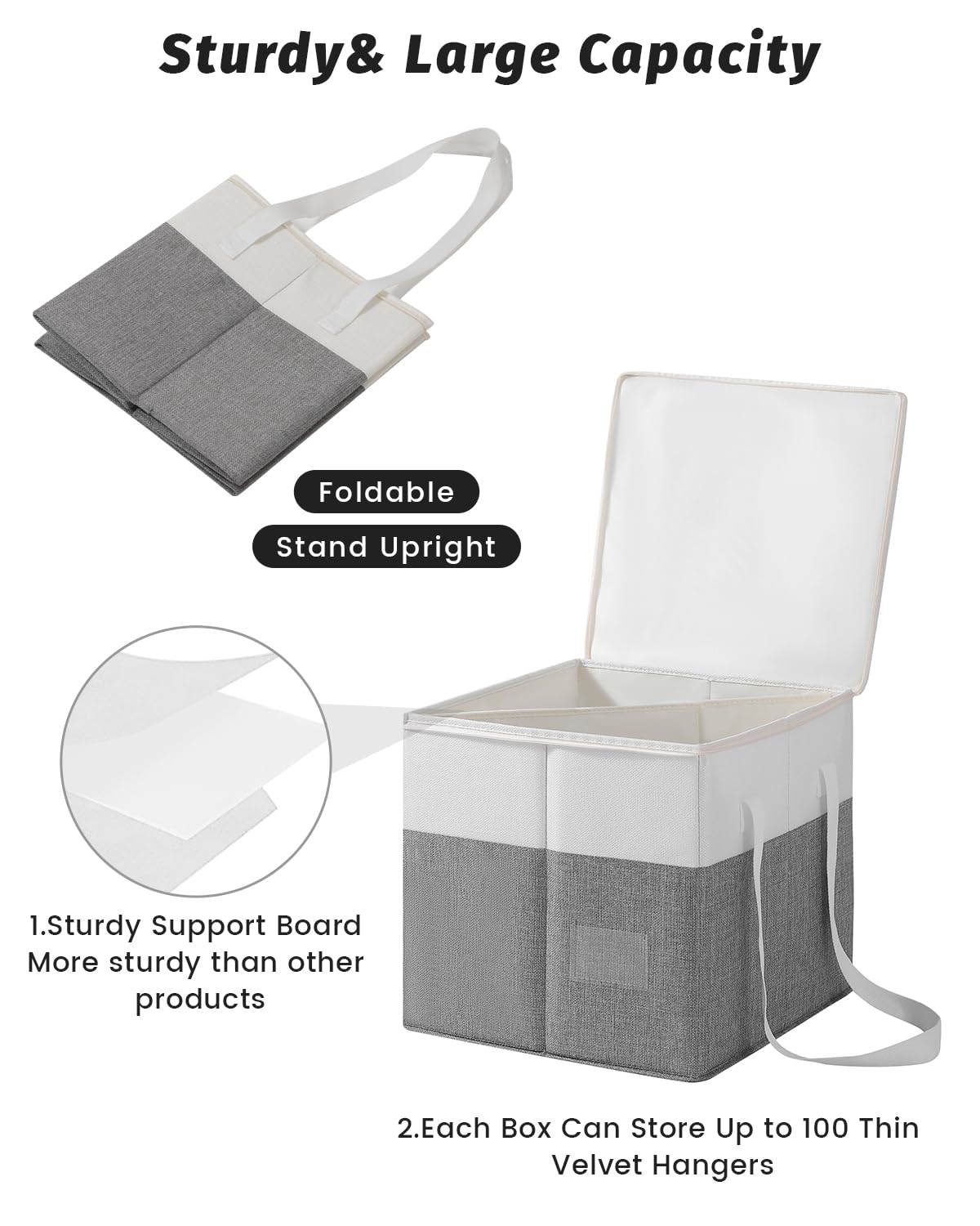 Kleiderbügel-Organizer-Tasche, starre Kleiderbügel-Aufbewahrungsbehälter mit Deckel, groß, staubdicht, stabile Kleiderbügel-Organizer-Box mit Griff, Grau/Beige, 2 Packungen