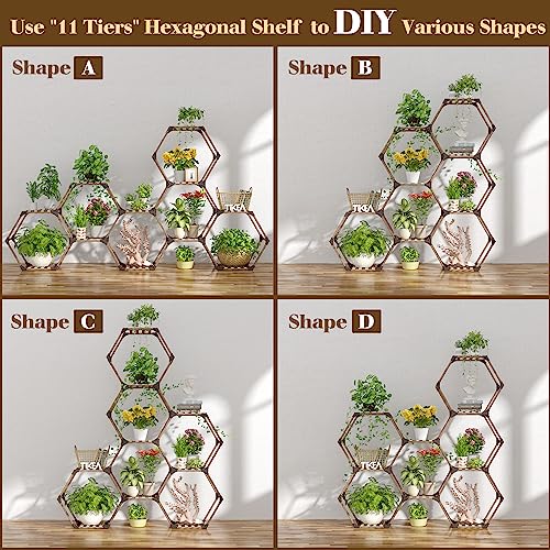 Tikea Plant Stand Indoor Hexagonal Plant Stand For Multiple Plants Indoor Outdoor Large Wooden Plant Shelf 11 Tiered Creative Diy Flowers Stand Rack For Living Room Balcony Patio Window #TOP5