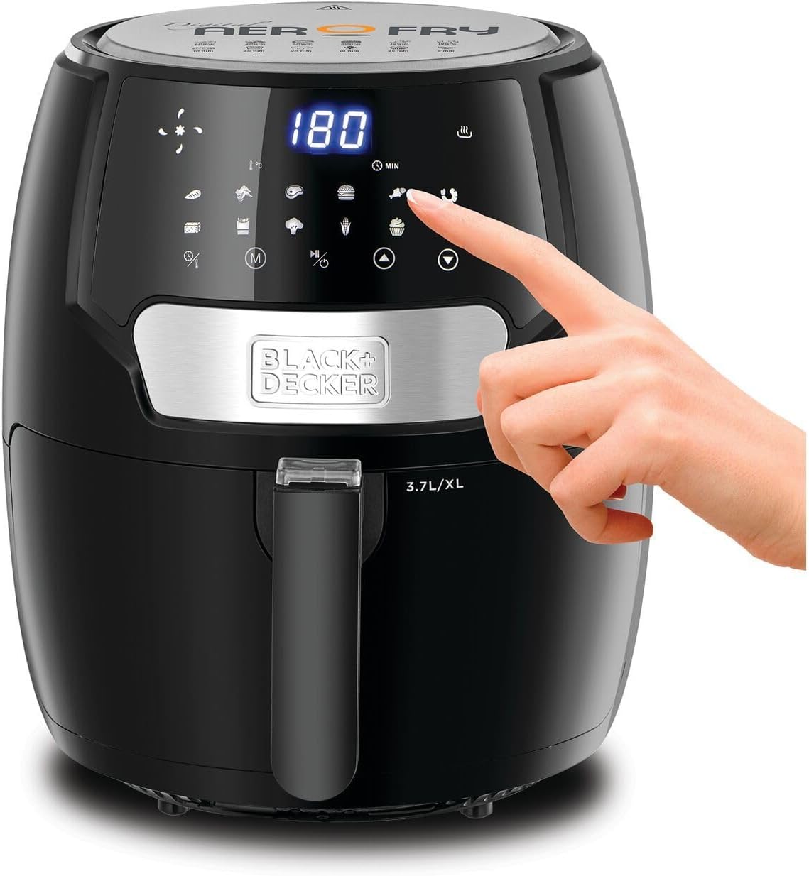 Hand detaching the air fryer basket from the pan