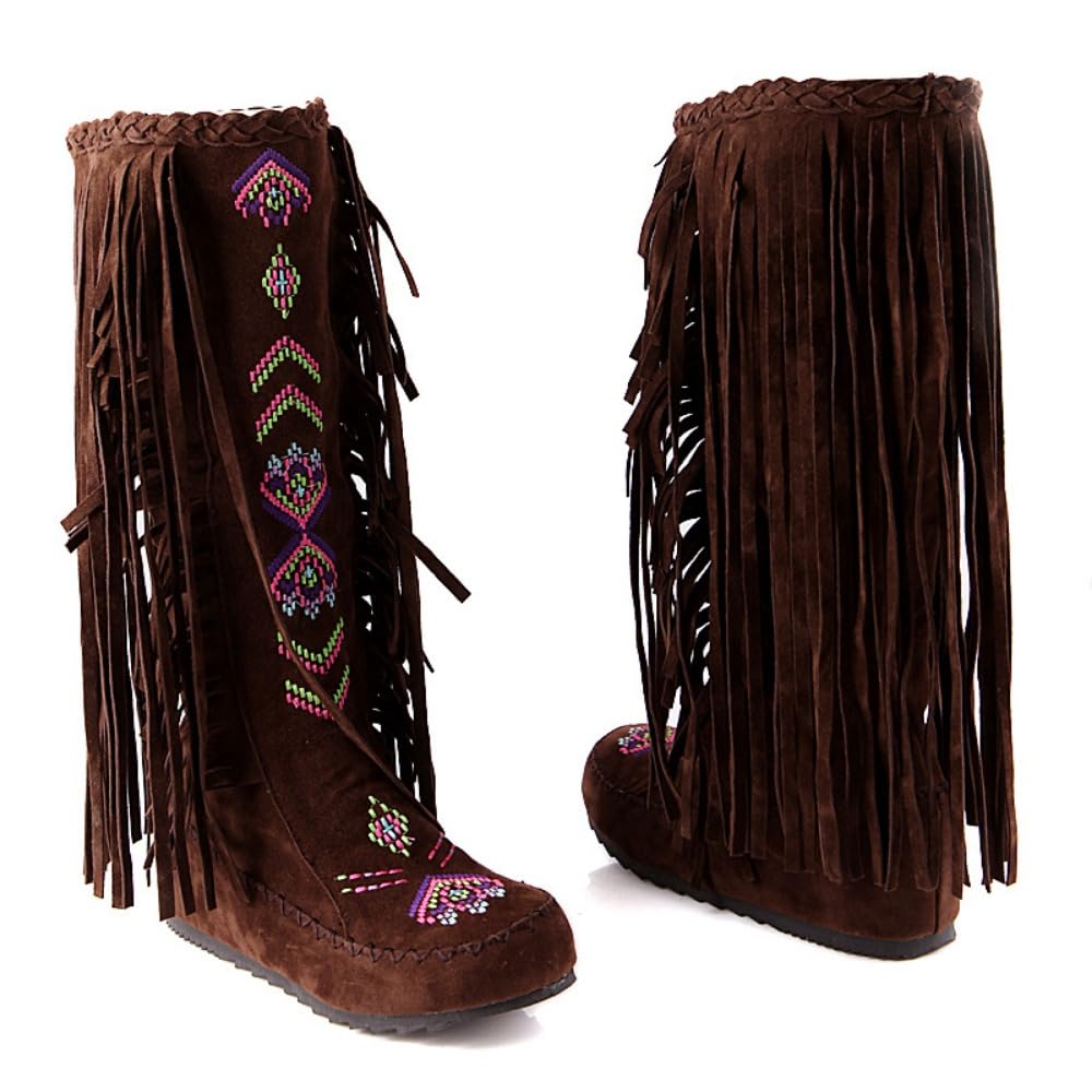 Geerta Fringe Cowboy Boots for Women Mid Calf Western Boots Embroidery Cowgirl Pull-On Pointy Toe Wide - Streetwear