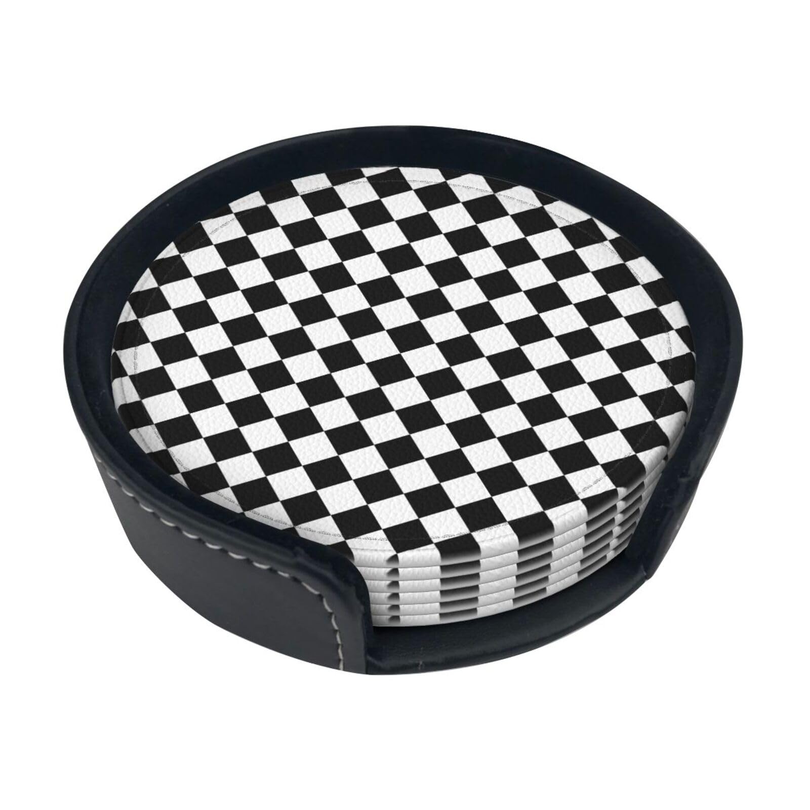 Drink Coasters With Holder Coaster Sets Of 6, Drink Coaster For Tabletop Protection Home Decor 10 Cm Black And White Checkered Printed