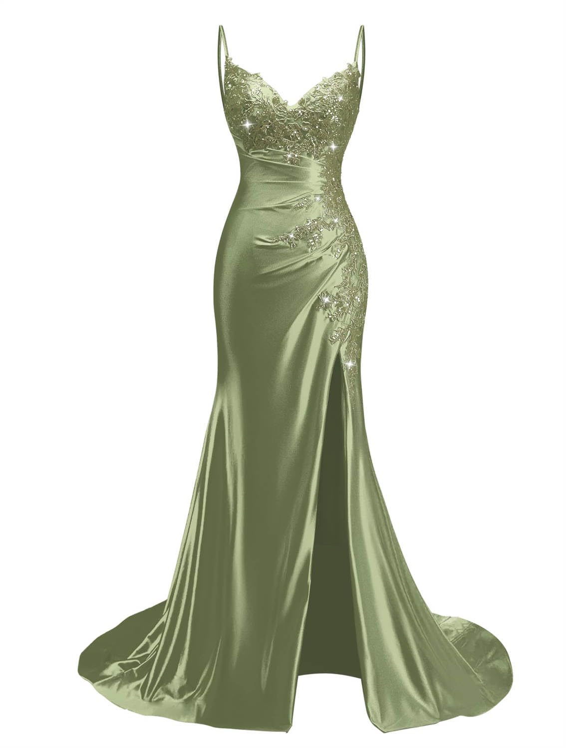 Kurface Women's Sage Green Mermaid Satin Prom Dresses For With Slit Sparkly Sequin Lace Applique Celebrity Pageant Dress Ball Gown Uk10