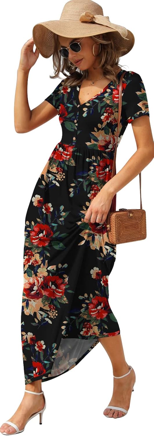 GRECERELLE Womens Summer Long Maxi Dresses 2026 Short Sleeve V Neck Casual Button Dress with Pockets - Image 2