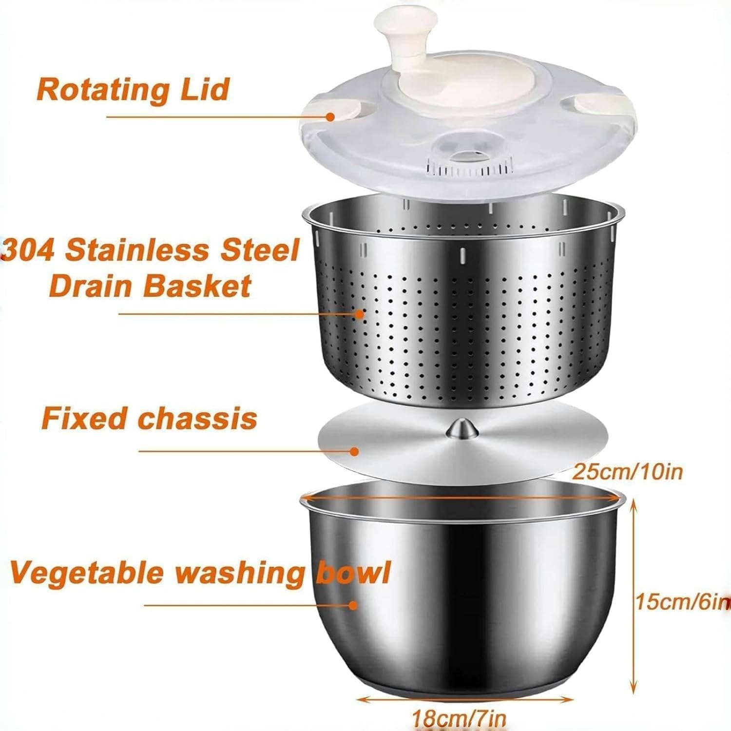 6L Stainless Steel Salad Spinner – Collapsible Fruit & Vegetable Washer with PP Lid, Best Rated Salad Spinner for Easy Storage, Dehydrating Lettuce, Pasta, and Fries,Stainless Steel
