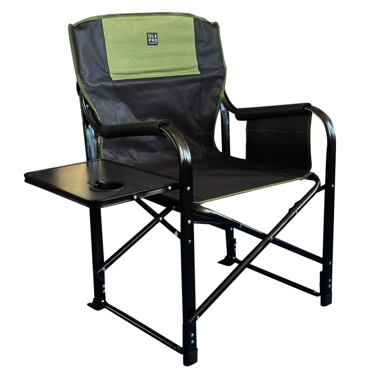 OLPRO Silla de director de lujo, verde y negro, silla de camping plegable con mesa auxiliar, soporte para bebidas y almacenamiento con cremallera, muebles resistentes de director al aire libre para