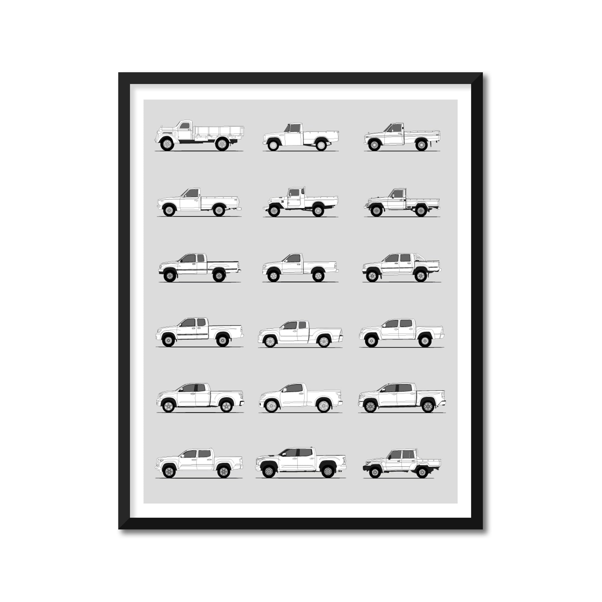 Custom Car Posters Handmade Poster compatible with History of Toyota Pickup Trucks Print Art of the Best of Toyota Pickup Trucks Hilux Tacoma TRD Tundra FJ Gen - (20 x 30 cm) (Unframed) Lustre Print