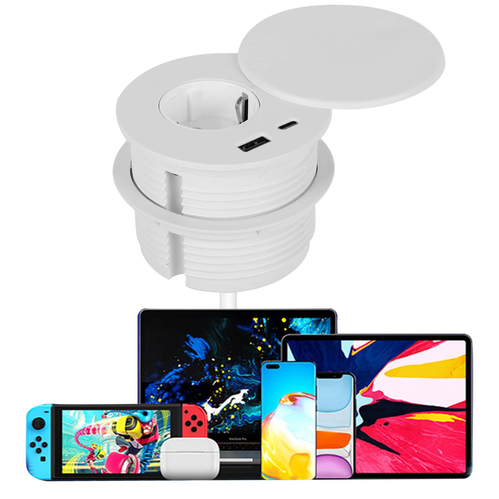 Enchufe empotrable con USB, Enchufe de mesa oculto con cubierta Equipado con 1 enchufe Schuko, 1 puerto USB-C, 1 puerto USB-A y 1,5m de cable de alimentación, enchufe de mesa para agujero de mesa de
