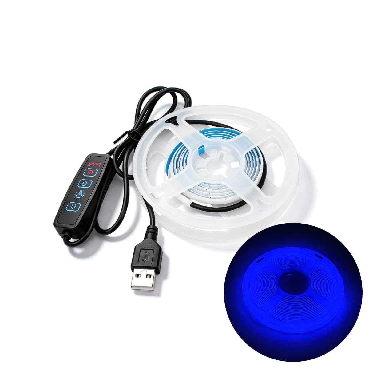 Innfeeltech 1M COB LED Light Strip, 5mm Width 5V Blue 400LEDs/m Light Strip, USB Connector with Dimming Button