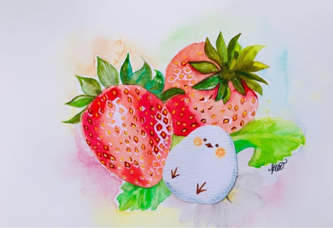 いちご 苺 シマエナガ 水彩画 優しい 癒し ミニアート シマエナガ_ いちご 苺 シマエナガ 水彩画 優しい 癒し ミニアート シマエナガ_