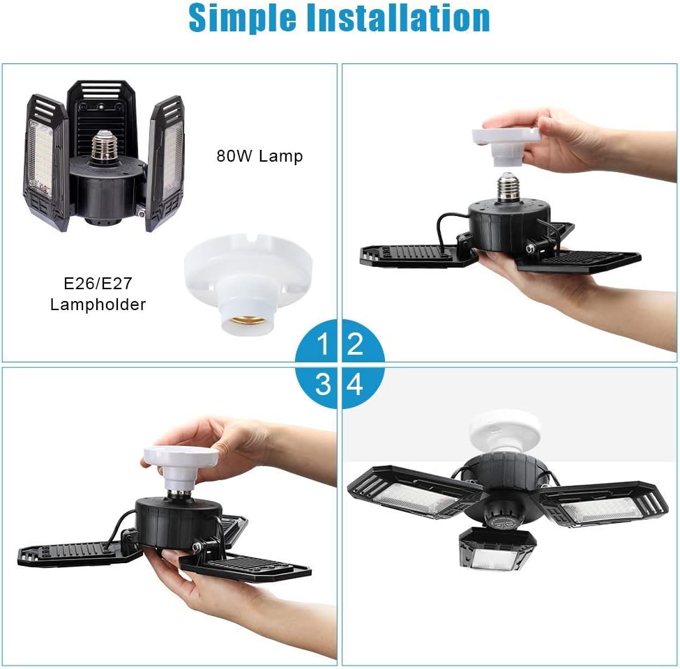 🛒 Flash Sale 2 Pack LED Garage Lights 80W Deformable LED Garage Lights, 8000LM E26 Three-Leaf Garage Ceiling Light Fixtures, 6500k LED Garge Ceiling Lights for Basement, Warehouse, Workshop