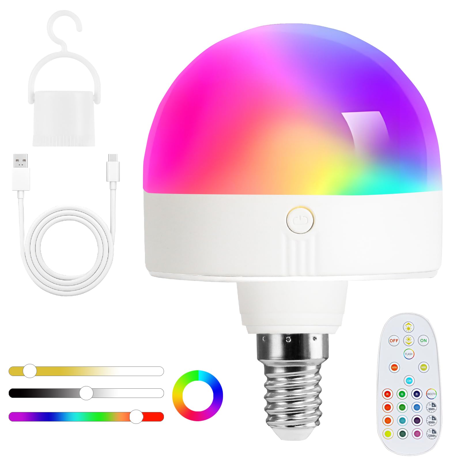 Psatfito Lampadina ricaricabile con timer e telecomando, lampadine a batteria dimmerabili con base magnetica, lampadina LED di ricarica E14, lampade non cablate con 3 temperature di colore + 12 RGB