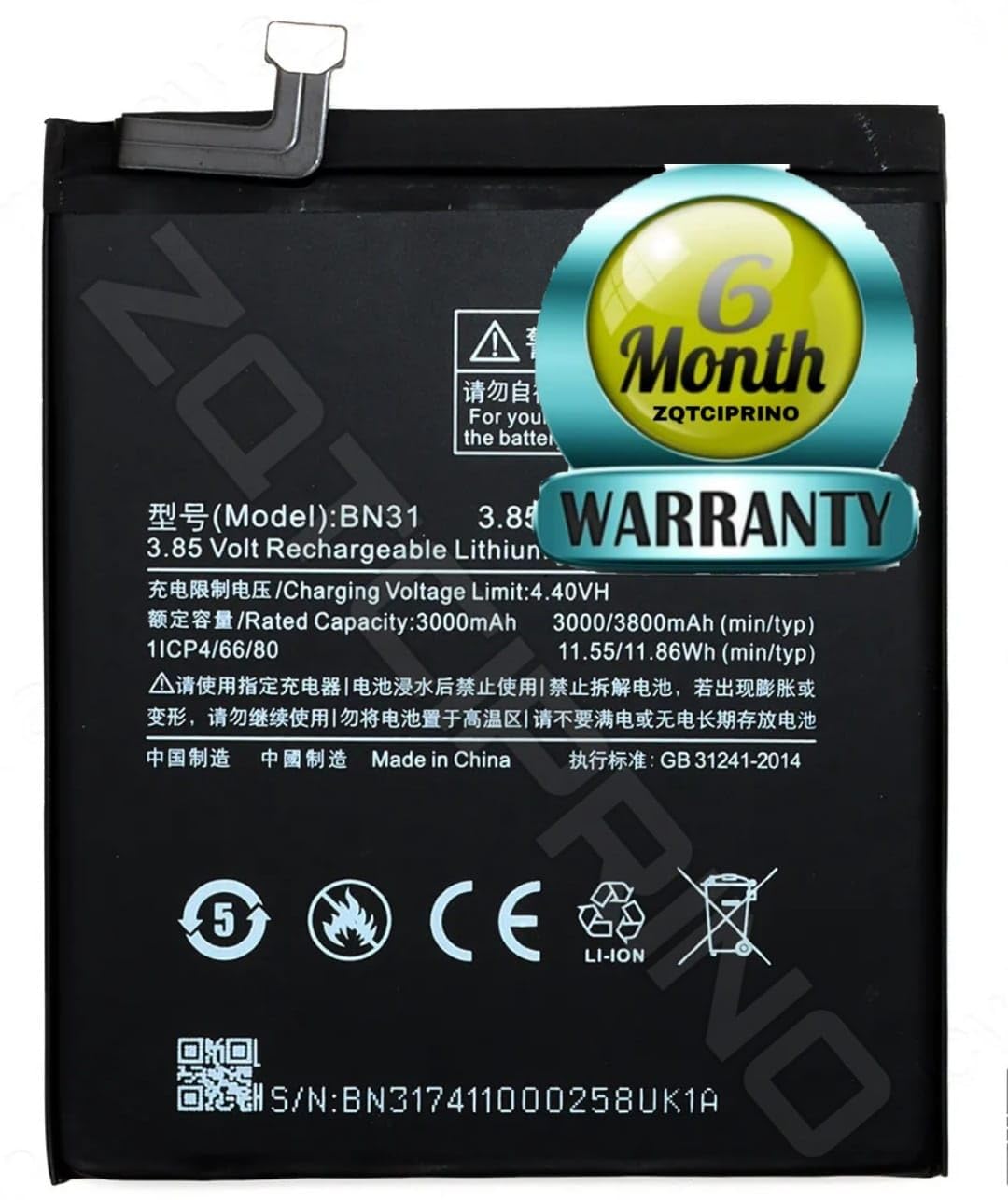 ZQTCIPRINO® Original BN31 Battery for Redmi Note 5A/ 5A pro/Y1 Pro/A1