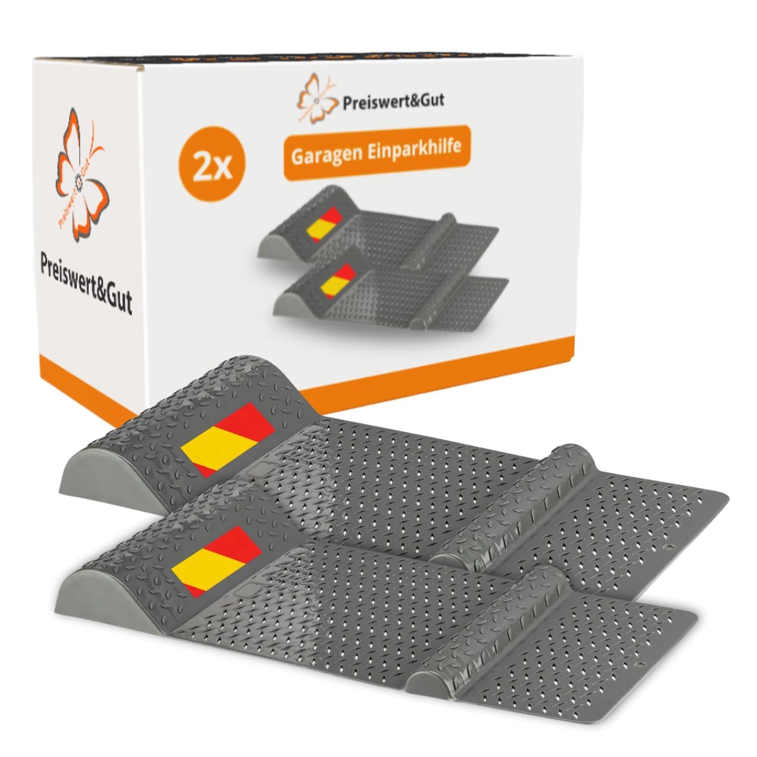 Preiswert&Gut 2X Einparkhilfe Garage Radstopper für sicheres Einparken 52 x 25 cm, Kunststoff Bremsschwelle mit Klebestreifen und zusätzlich Bohren, seitliche Einfahrhilfe, 2,5 bis 5,5 cm Höhe