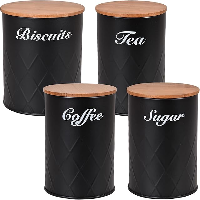 HOCHSTE Kitchen Storage Tins 4pcs Canister Set Bamboo Lid Bread Bin Tea Coffee Sugar Jar (Black - 4 Round Jars, Large (20.5cm High)