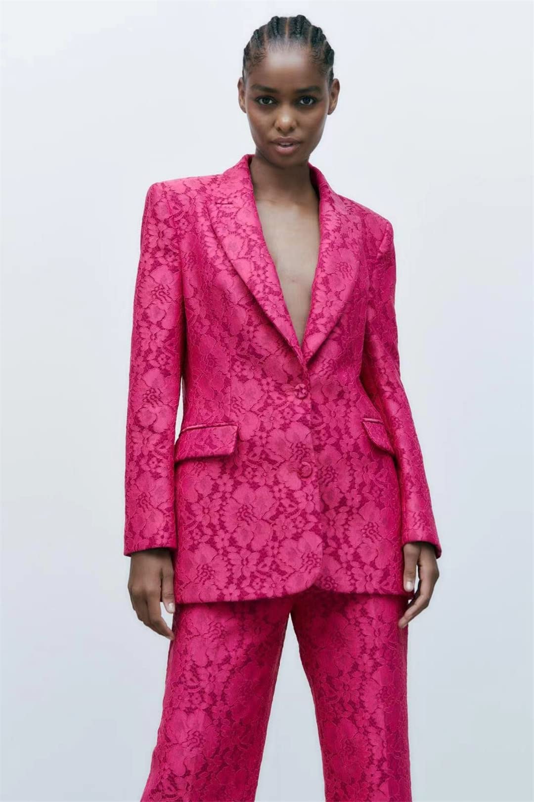Dninmim Traje de tela de encaje para mujer, trajes de primavera y otoño, pantalones largos básicos