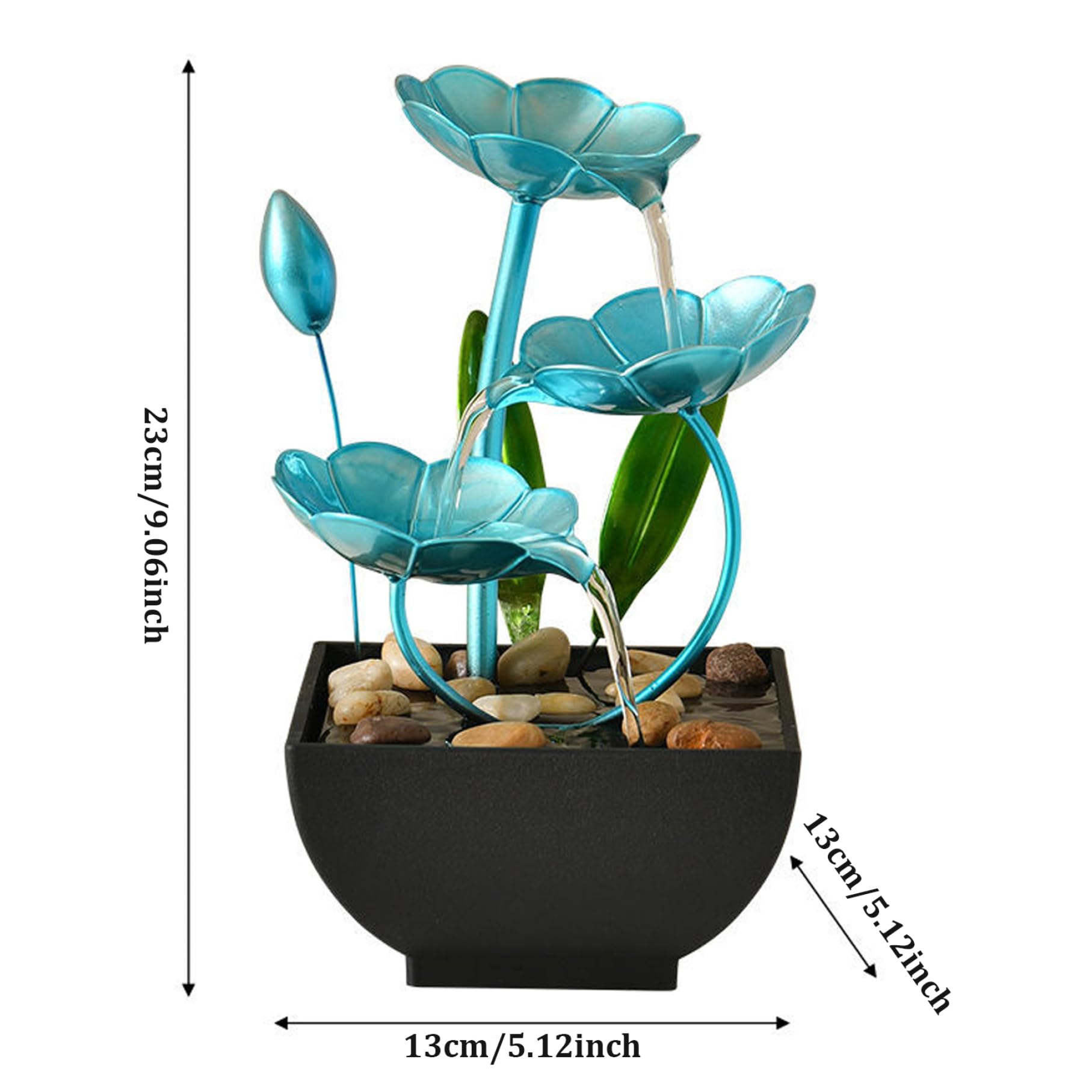FONTA DI ACQUA CABLETOPILE 5x5x9in decorazioni di loto interno a cascata FONTAIN USB Mini Zen Rilassamento Fiore per ufficio, soggiorno, camera da letto (blu)
