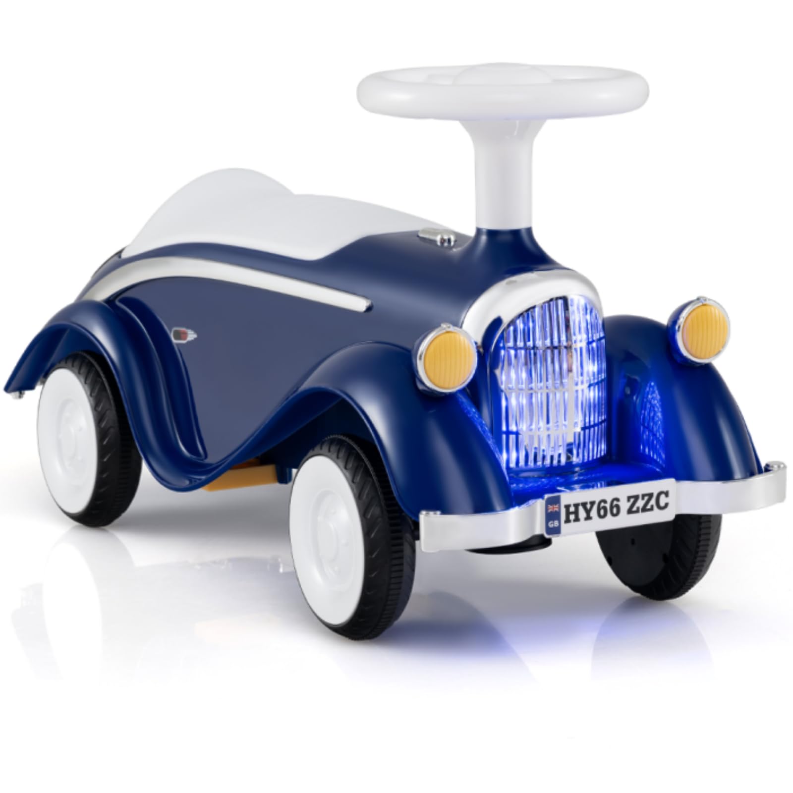 COSTWAY Ride on Car, Toddler Foot to Floor Sliding Car with Steering Wheel, Horn, LED Headlight, Under Seat Storage, Retro Kids Ride on Toy for 19-36 Months (Navy Blue)