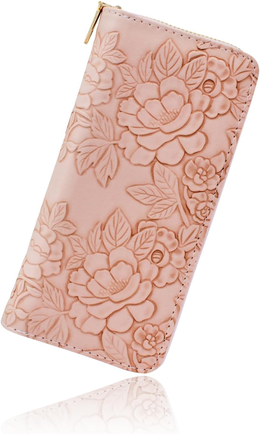 Womens Wallet, PU Leather Wallets for Women, Long Ladies Wallet Womens Card Wallet with Flower, Fashion Clutch Wallet for Travel, Dating, Shopping, Party (rose)
