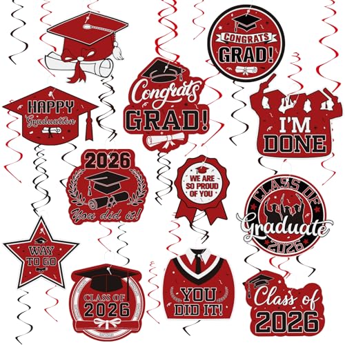 Image of Graduation Hanging Swirls Decorations, Red and Black Graduation Party Decorations, 30PCS Class of 2026 Streamers Ornaments for Classroom Ceiling Office High School College Congrats Grad Party Favors