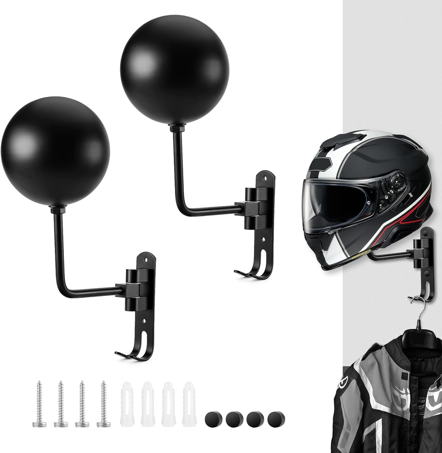 PAHTTO Motorcycle Helmet Rack 2 PCS, Helmet Holder Wall Mount 180 Degree Rotation Helmet Hanger with Double Hook for Coats, Caps, Hats, Motorcycle Accessories
