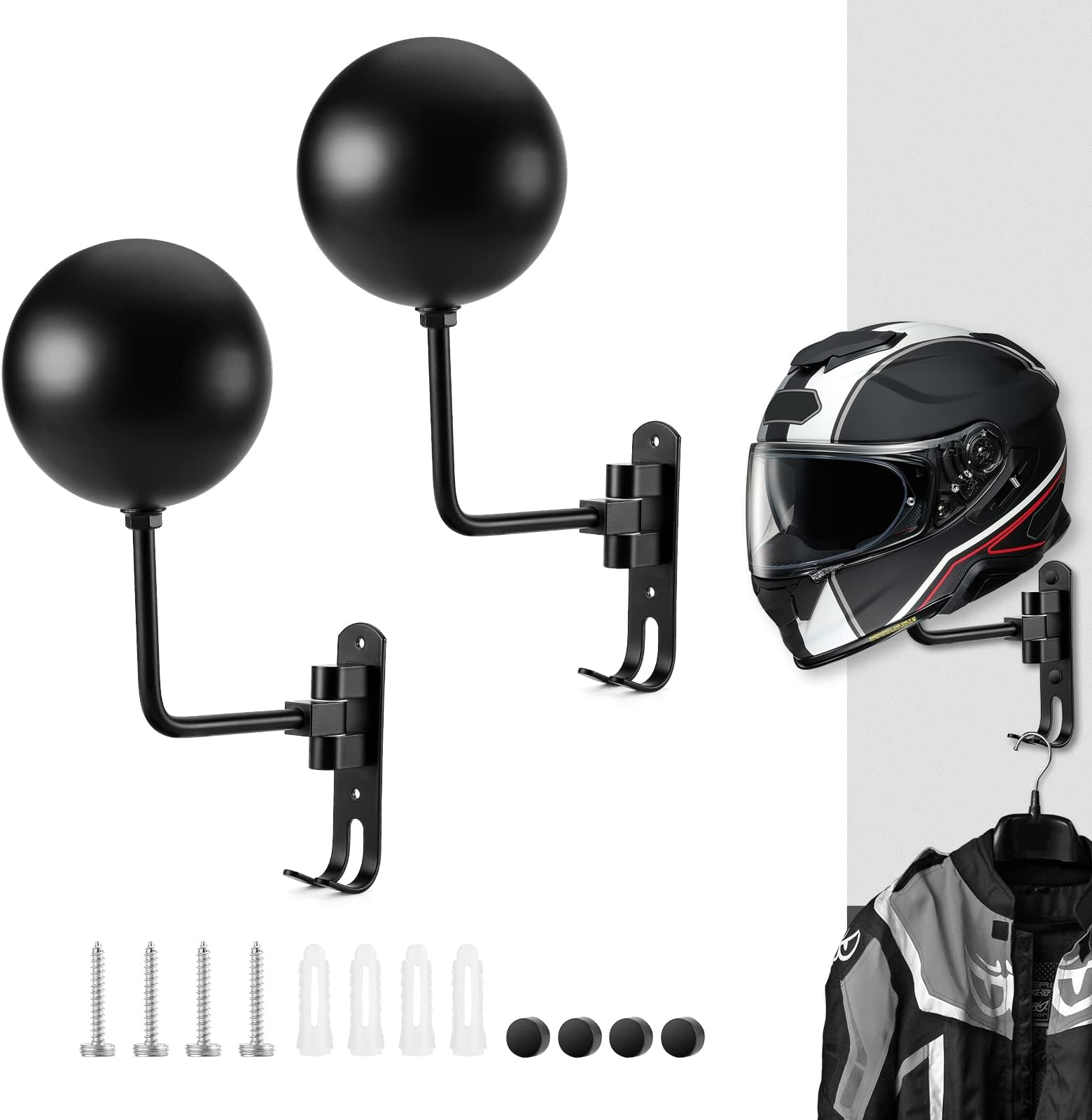 PAHTTO Motorcycle Helmet Rack 2 PCS, Helmet Holder Wall Mount 180 Degree Rotation Helmet Hanger with Double Hook for Coats, Caps, Hats, Motorcycle Accessories