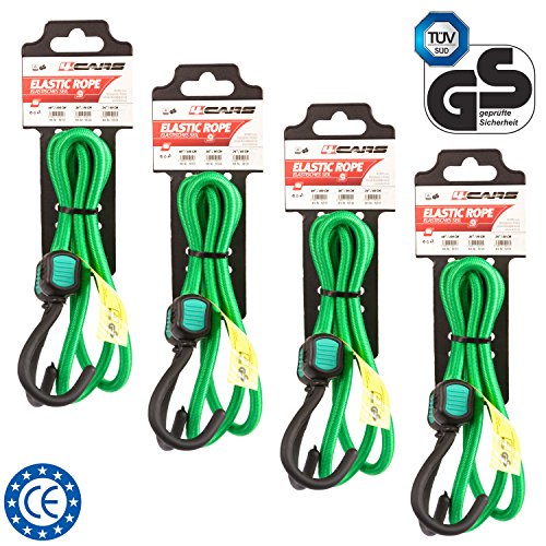4CARS Juego de 4 piezas de Calidad premium cuerda, correa de equipaje cuerda elástica con ganchos, 100 cm de largo, 8 mm de espesor, color: verde