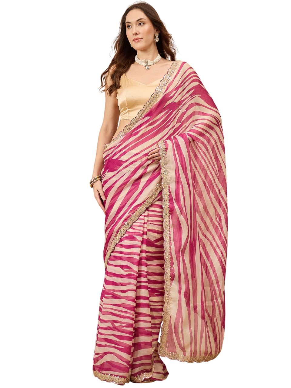 subhash Women’s Designer Pink Striped Chiffon Saree with Embroidered Border-picture-3