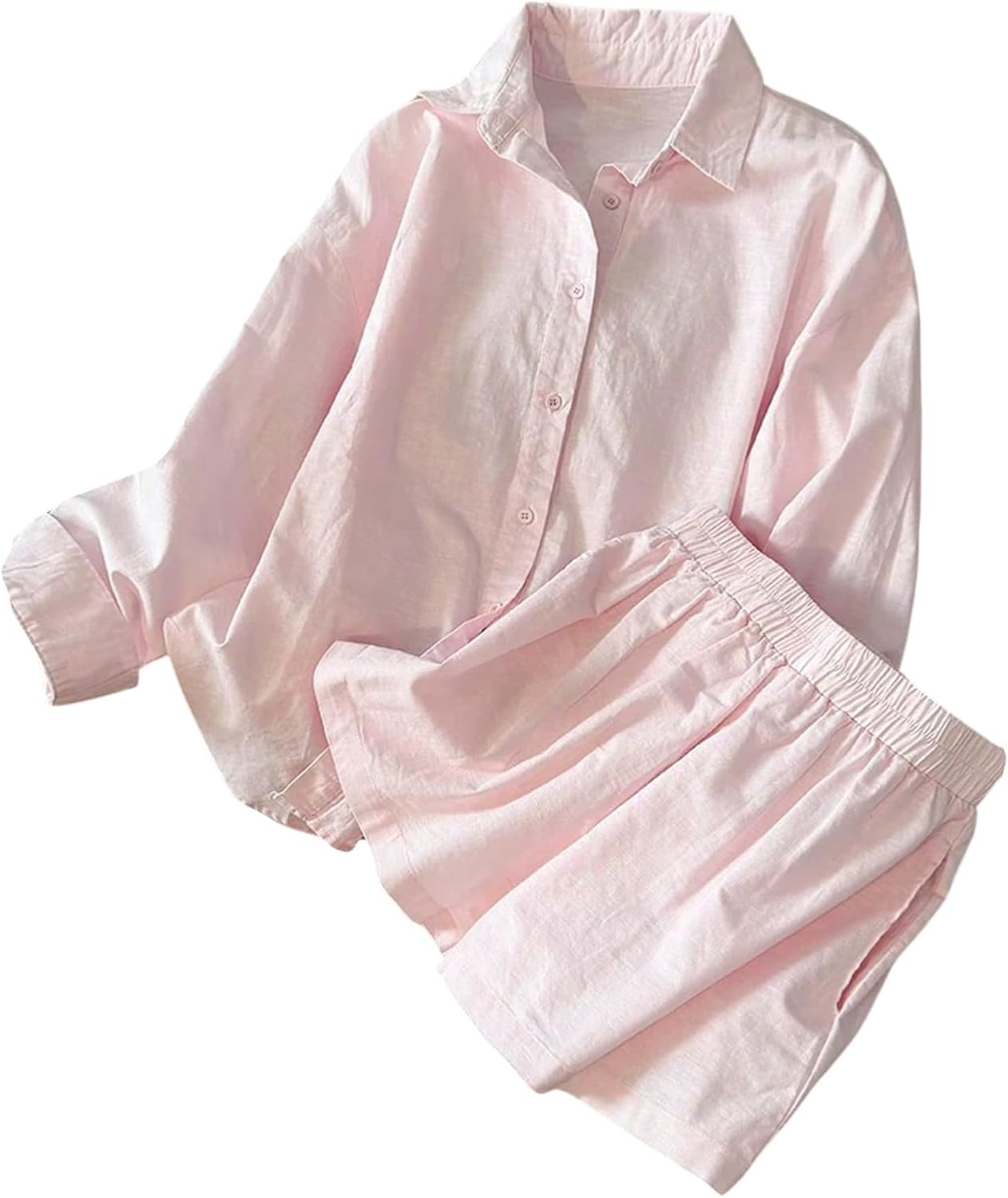 GORGLITTER Women's Shorts Sets 2 Piece Outfits Casual Long Sleeve Button Up Shirt and Wide Leg Shorts Set Loungewear