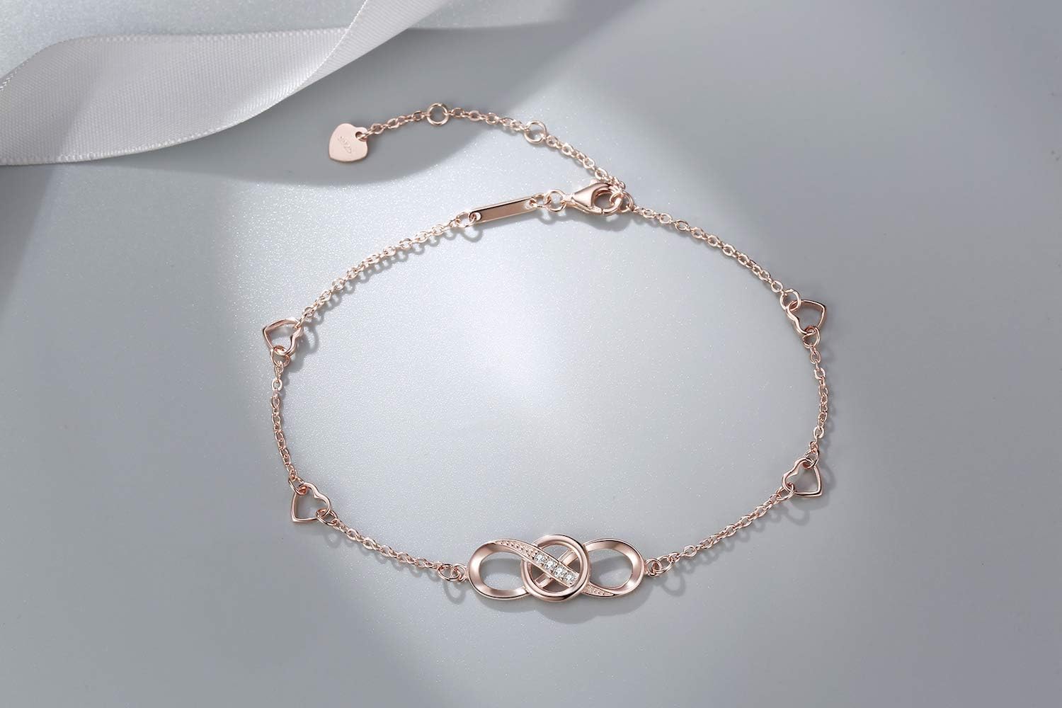 Infinity Ankle Bracelet for Women, 925 Sterling Silver Charm Adjustable Anklet, Large Bracelet Fine Jewelry Mothers Day Gifts White Gold/Rose Gold Plated - Image 2
