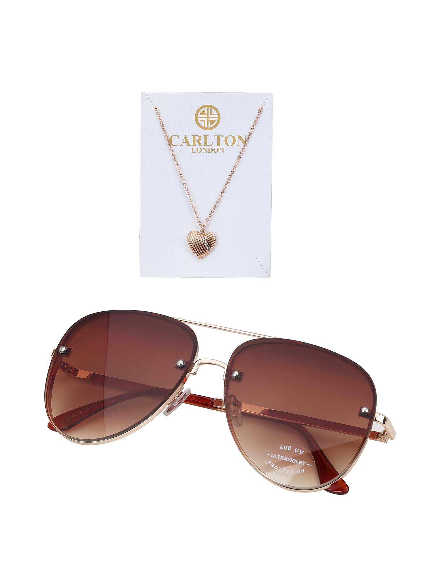 Women Gold Toned UV Protected Sunglasses & 18kt Rose Gold Plated CZ Heart Chain Set-image-49