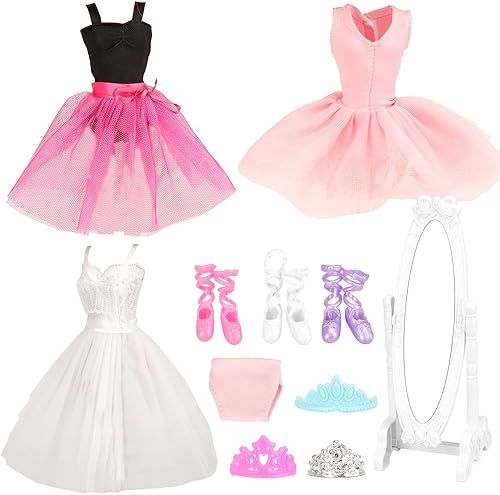 BARWA 3 juegos de ropa de muñeca de bailarina, trajes de ballet, vestidos de baile, disfraz de espejo, falda tutú con 3 zapatos, 3 accesorios de