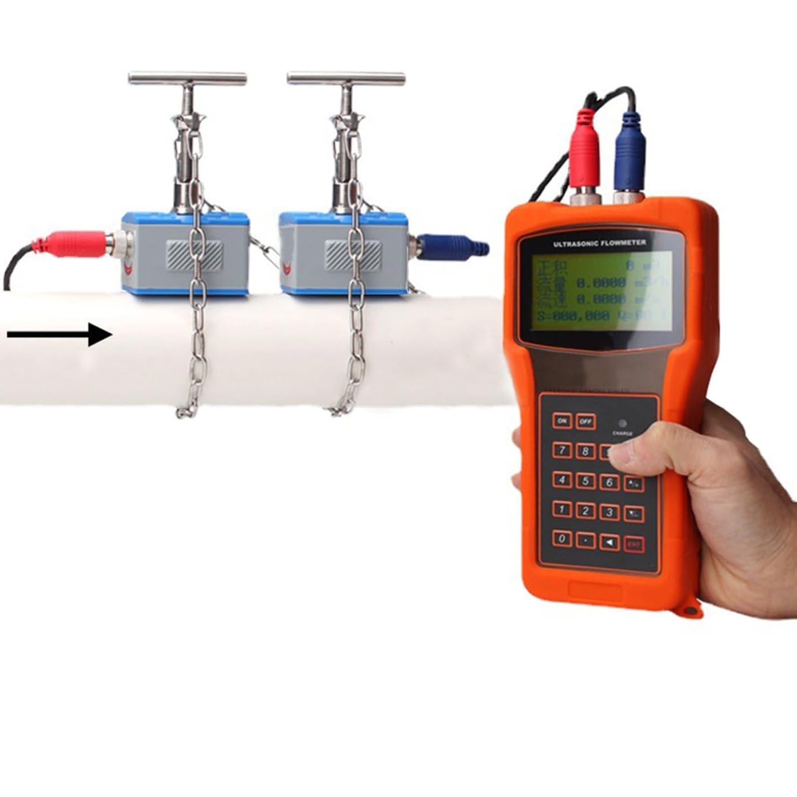 Medidor de flujo de agua de mano con abrazadera con pantalla LCD, medición de flujo precisa para uso industrial, medidor de flujo portátil