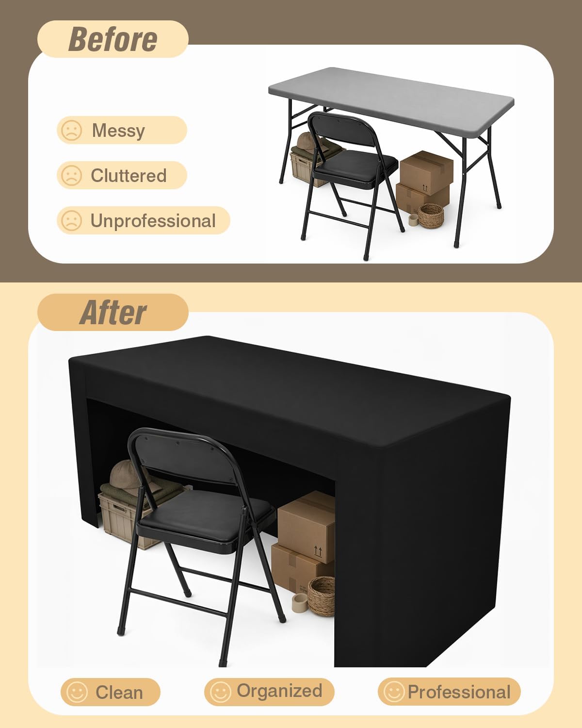 2 Pack Black Open Back Fitted Tablecloth Rectangle for 6ft Table