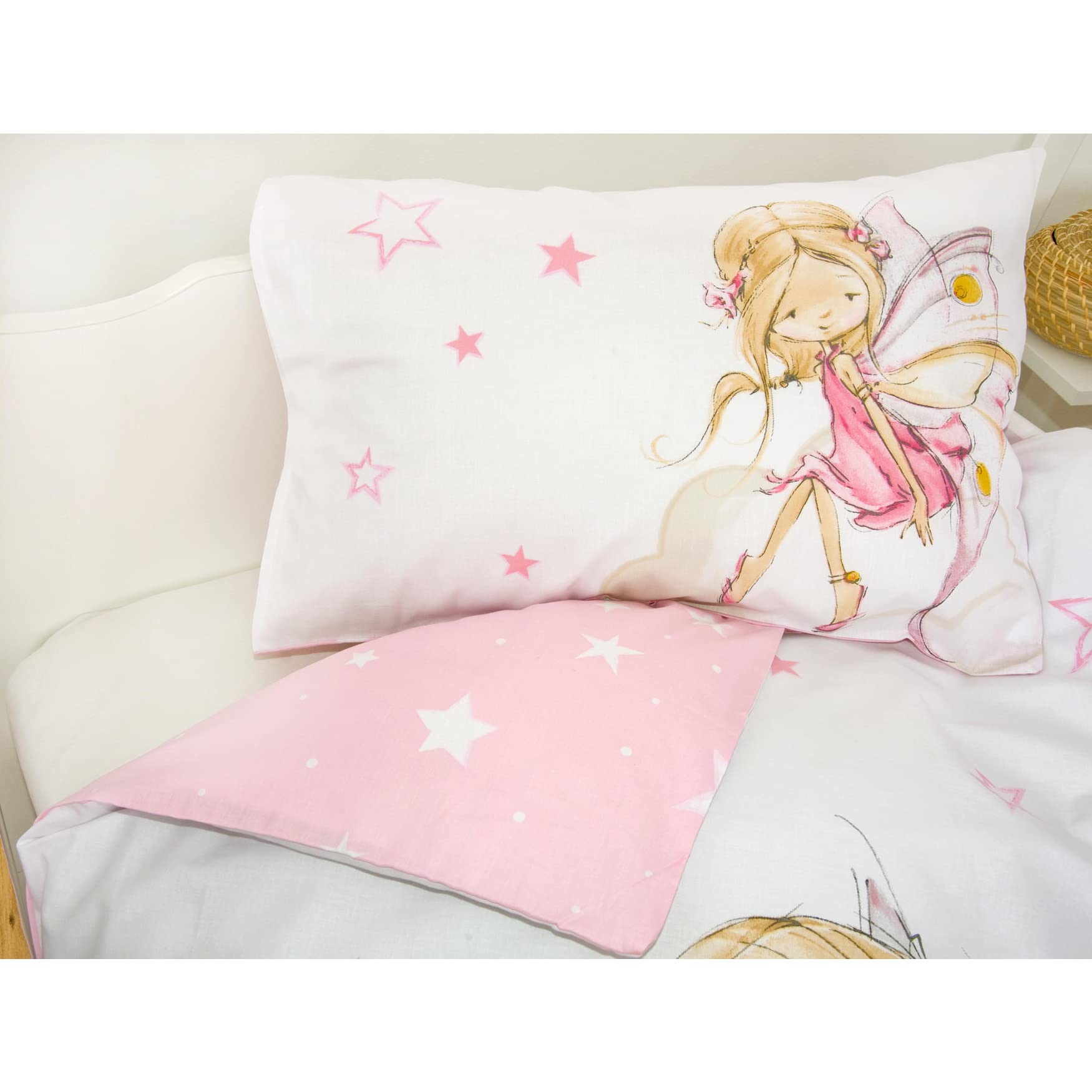Herding Set Biancheria da Letto Little Fairy, MADE IN GREEN by OEKO TEX, Federa 40 x 60 cm con Chiusura a Busta, Copripiumino 100 x 135 cm con Cerniera Scorrevole, 100% Cotone Renforcé, Rosa