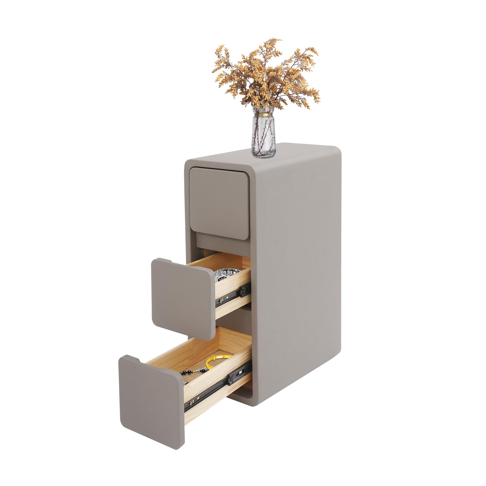 3-Layers Narrow, Solid Wood Bedside Table with Drawers, Modern Night Stand Top Storage Platform, PU Wrapping Side End for Bedroom Living Room Office (Dark Grey)