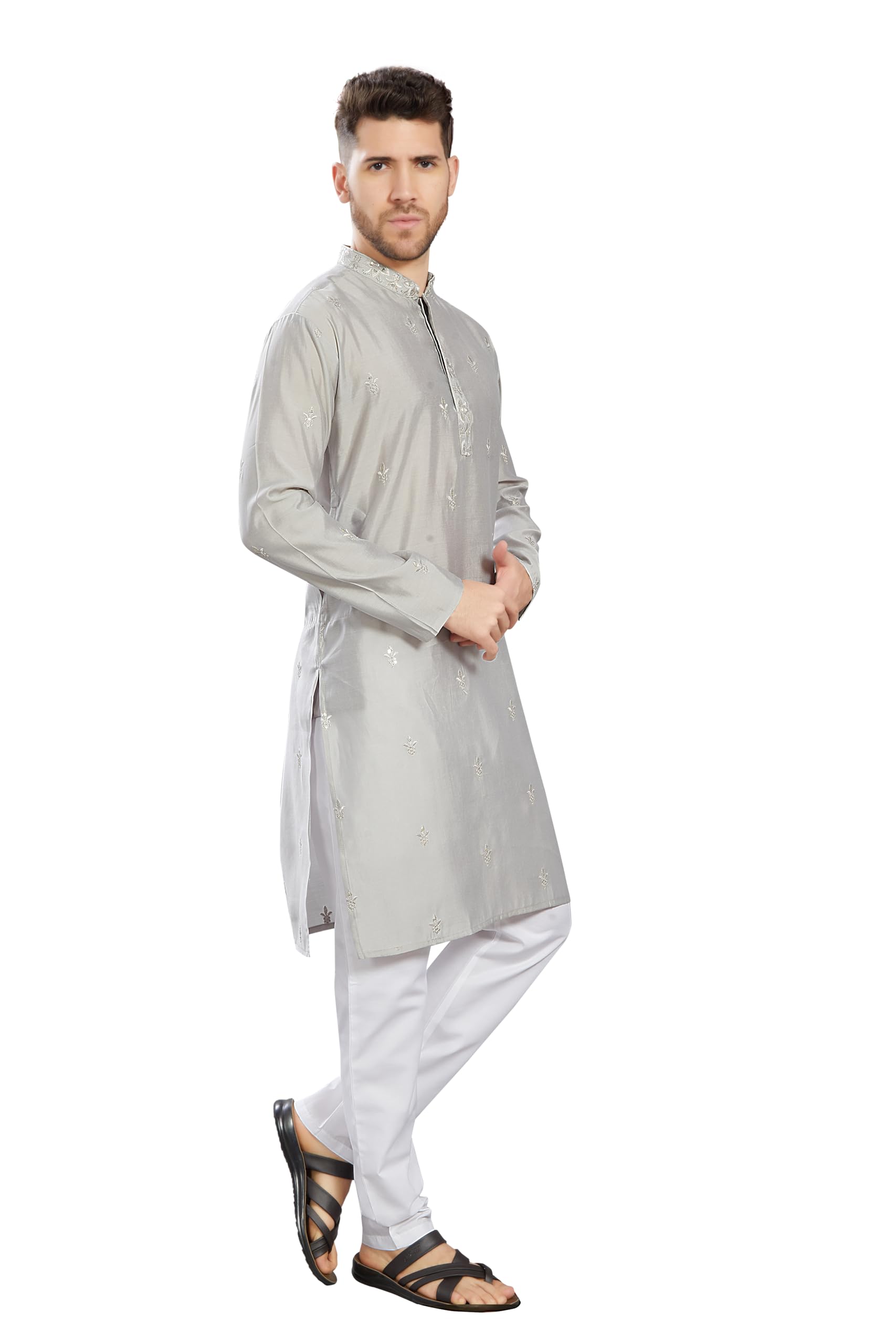 Divisive Men's Embroidered Silk Blend Only Slim Fit Kurta (Dkrt825_S_Grey)