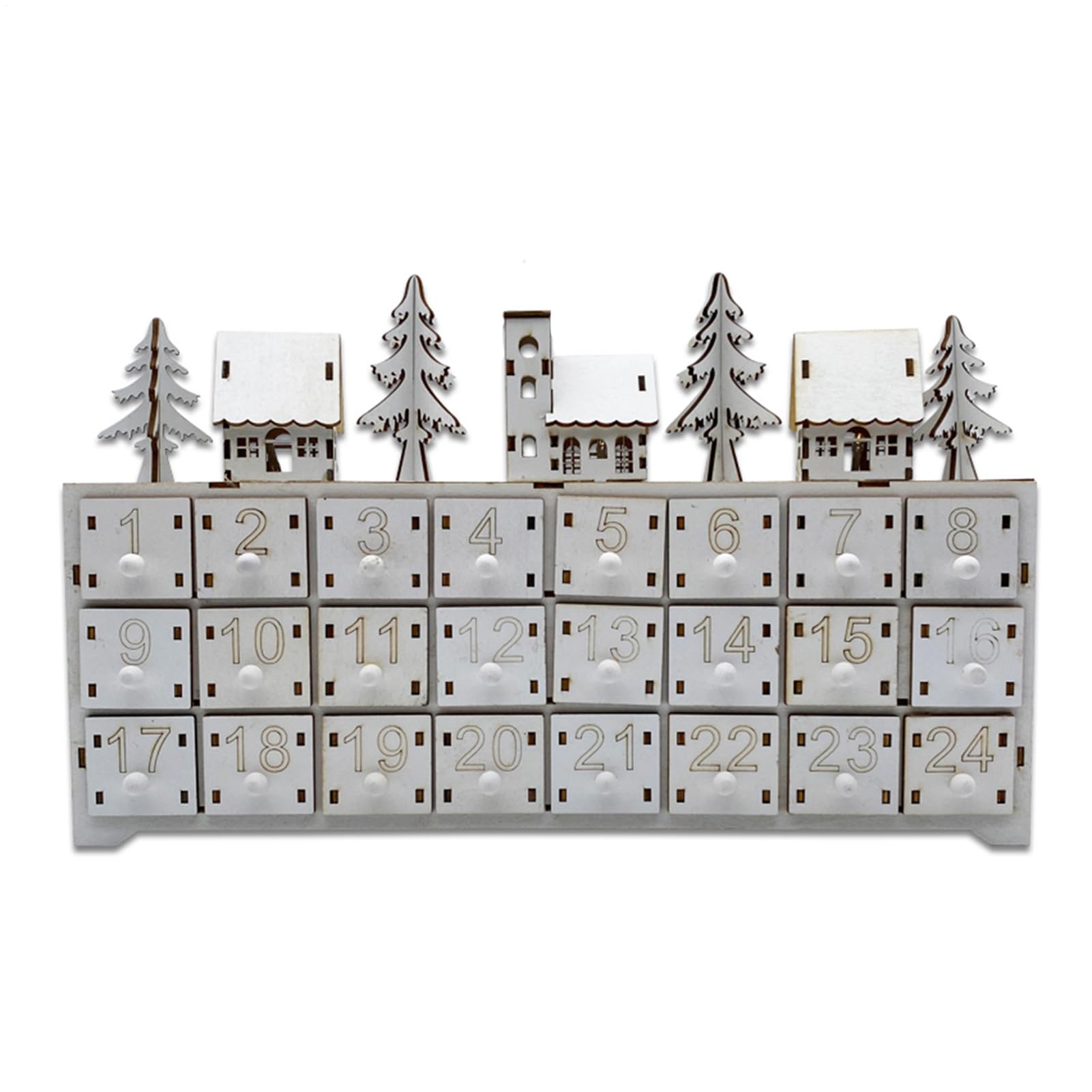 Calendario 'Avvento Natalizio in Legno Legno 24 Cassetti Avvento Countdown | Decorazione da Tavolo Segnatavolo Rustico in Legno con LED Riutilizzabile per Avvento