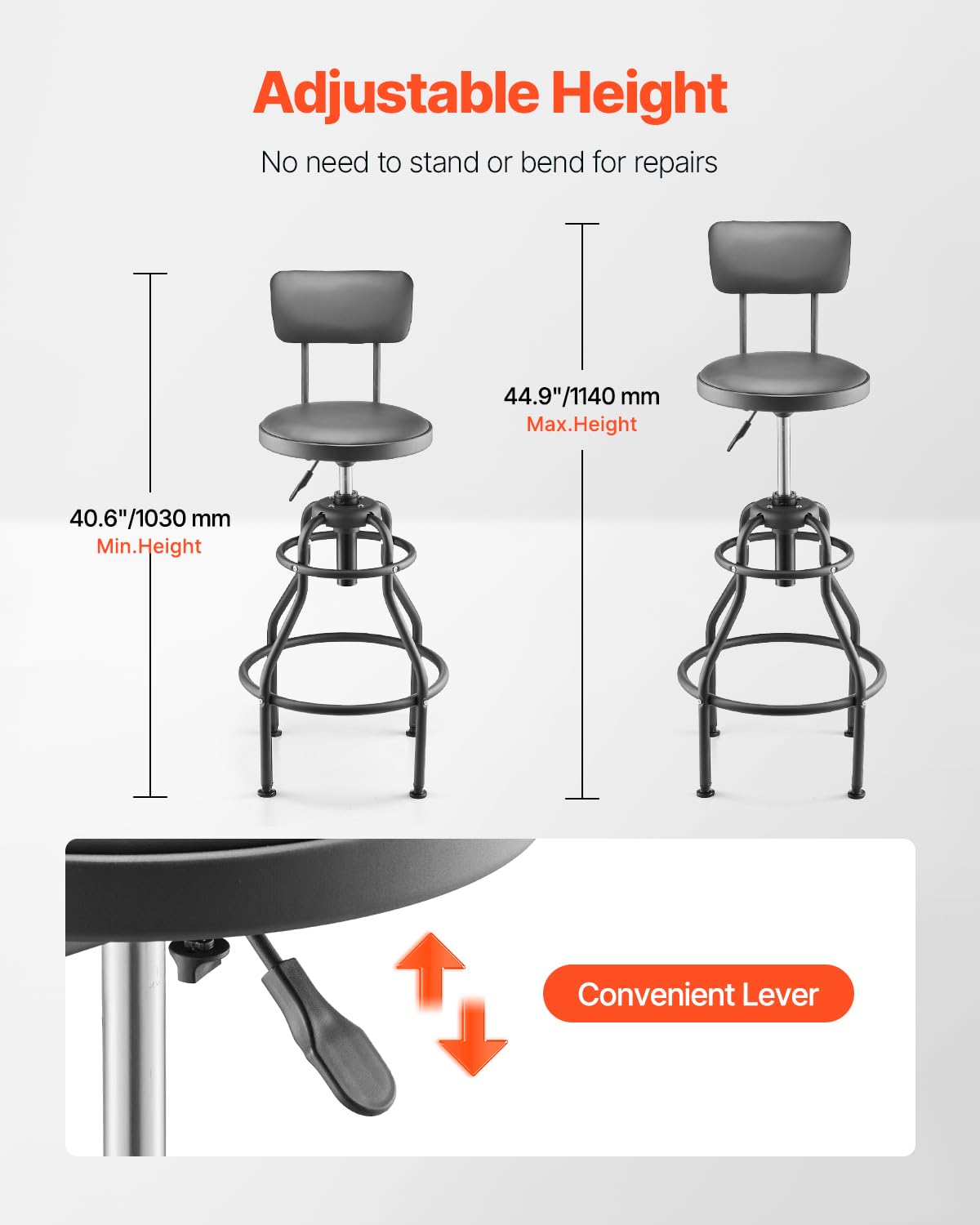 VEVOR Taburete de Taller con Respaldo Asiento de Garaje Carga de 136 kg Taburete de Trabajo Altura Ajustable 103-114 cm Giratorio de 360° para Garaje, Taller, Reparación de Automóviles, Negro