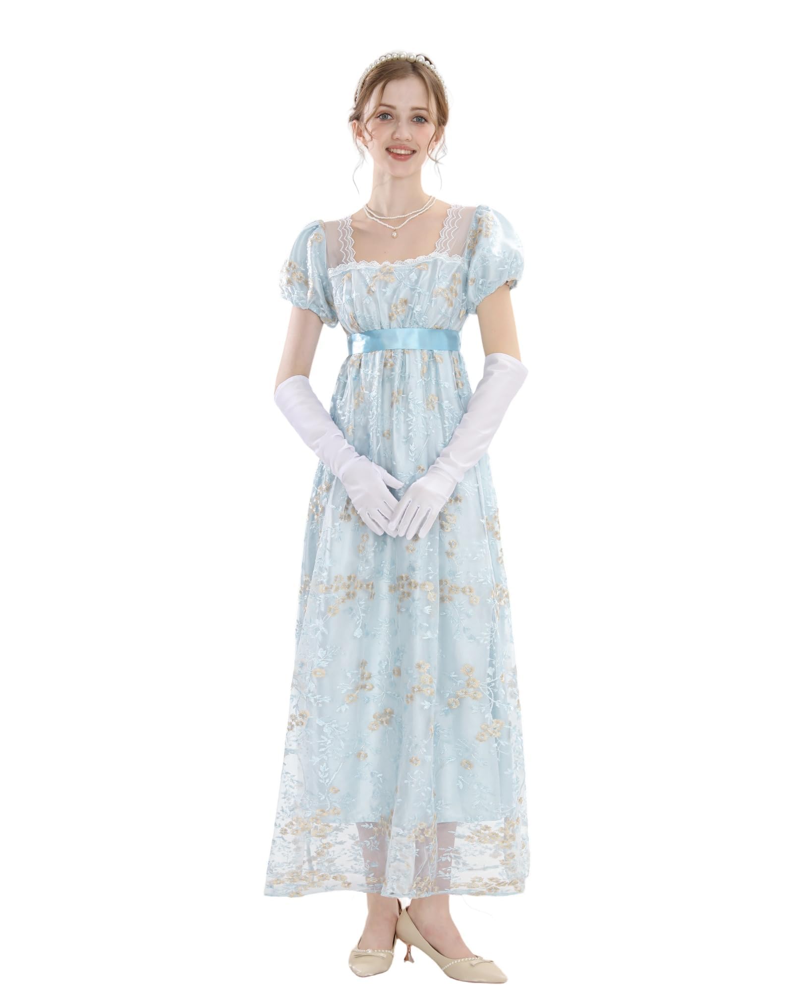 Vestido de mujer Regency Jane Austen largo vintage vestido victoriano de baile con guantes vestido de cintura imperio