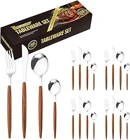Faqueiro 24 Peças em Aço Inox 416 - Jogo de Talheres Premium com Caixa Litografada, Alças de Madeira e Polido de faca e garfo Conjunto para Mesa Posta e Utensílios de Casa/Restaurante (Prata)